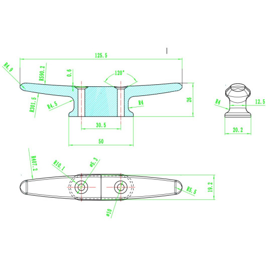 OSCULATI Taquet alu vis traversantes, largeur 120 mm pour bateau : Schéma des dimensions
