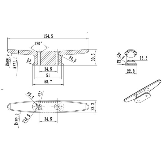 OSCULATI Taquet alu vis traversantes, largeur 150 mm pour bateau : Schéma des dimensions