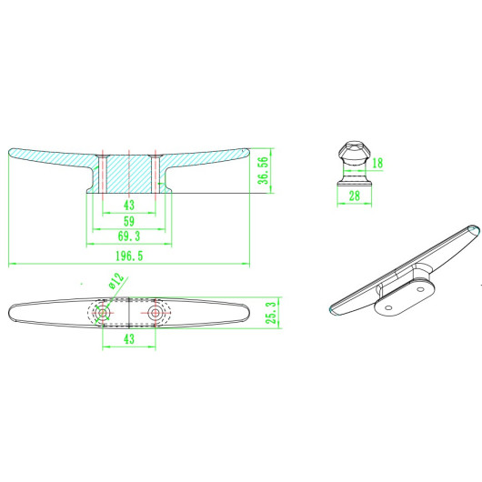 OSCULATI Taquet alu vis traversantes, largeur 190 mm pour bateau : Schéma des dimensions