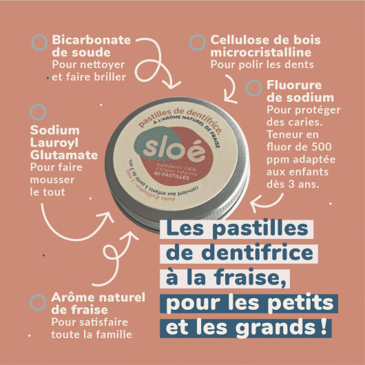 Dentifrice solide Sloé - 60 pastilles 100% naturelles à la fraise - composition