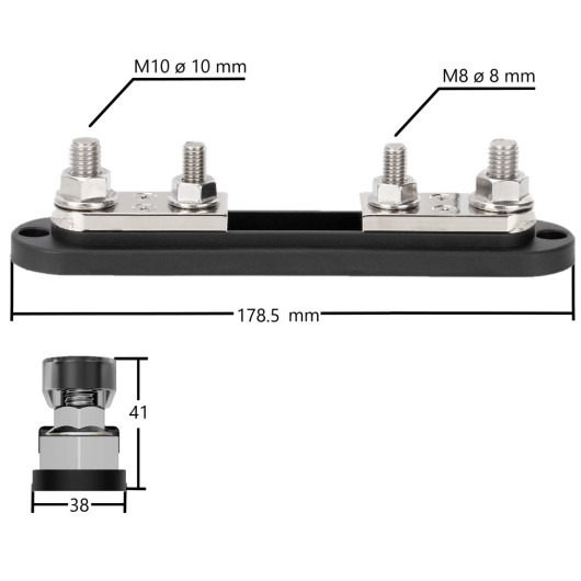 Energie Mobile Busbar - porte fusible ANL - vue avec dimension et taille borniers
