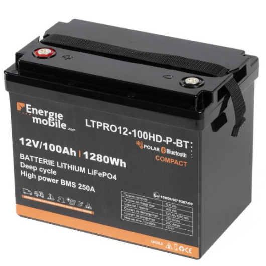 Energie Mobile Batterie Lithium LTPRO12-100 Ah HD-P-BT, vu de haut et côté