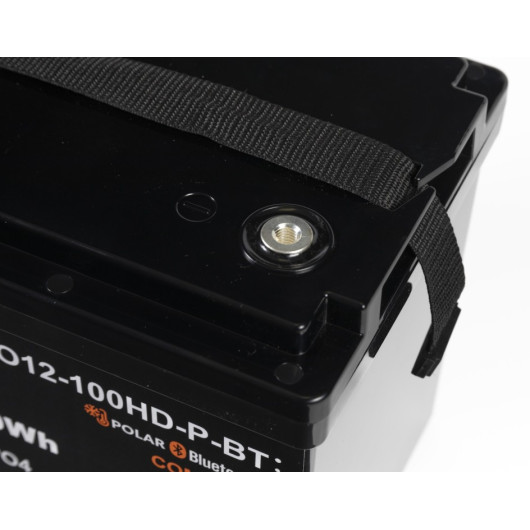 Energie Mobile Batterie Lithium LTPRO12-100 Ah HD-P-BT, vu rapproché borne négative filetage femelle M8