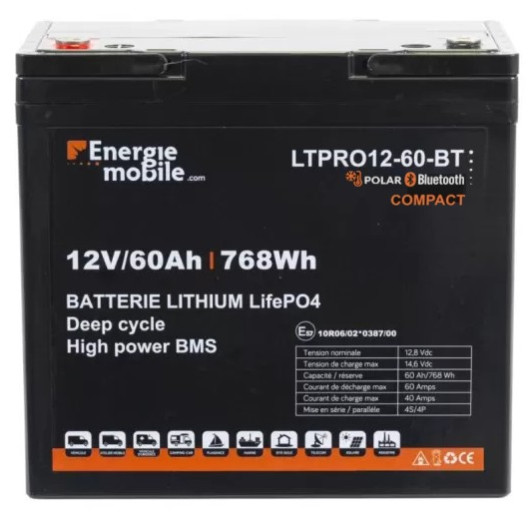 Batterie Lithium LTPRO 12-60 Ah ENERGIE MOBILE vu de face avec description