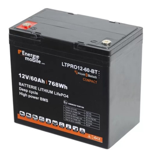 ENERGIE MOBILE Batterie Lithium LTPRO 12-60 Ah ENERGIE MOBILE vu 3/4 droit et haut avec bornes de connexions
