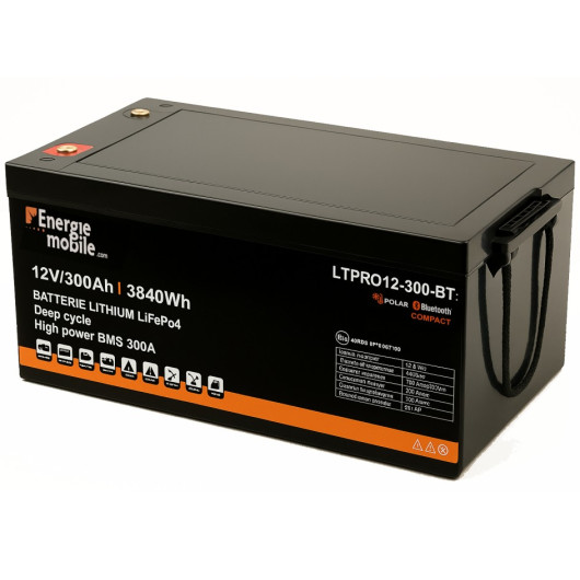 Batterie Lithium LTPRO 12-300Ah Énergie Mobile vu côté droit et dessus