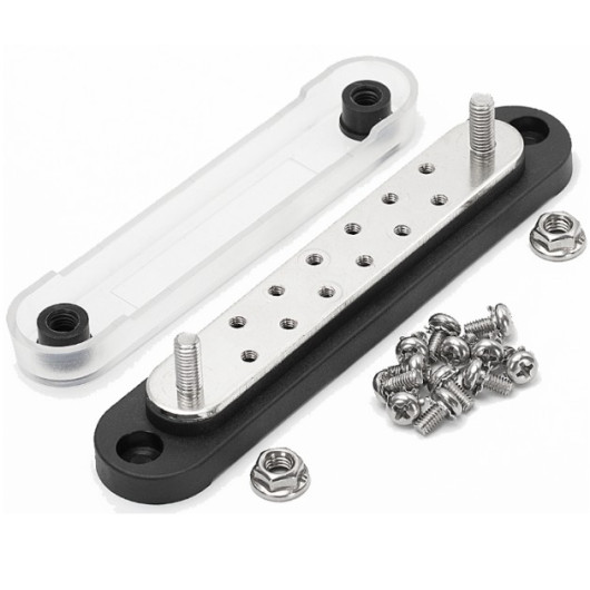 Busbar Énergie Mobile 150A – 2 bornes M6 + 12 bornes M4 avec couvercle transparent