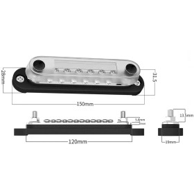 Busbar Énergie Mobile 150A – 2 bornes M6 + 12 bornes M4 avec couvercle transparent