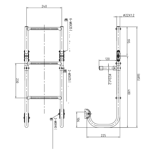 Echelle repliable fixations arrondies Osculati | Echelle de bain confort et sécurité en mer en bateau