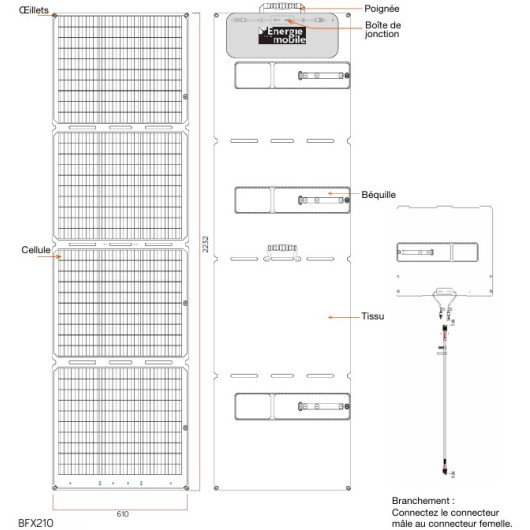 EM Panneau solaire pliable BFX-210, vu schéma de dimensions