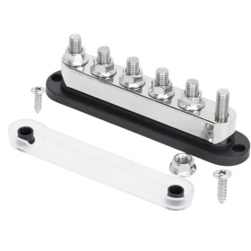 EM Busbar 6 x M10 | 600 A Busbar ENERGIE MOBILE 6 connecteur vu de côté avec couvercle sur le côté et visserie
