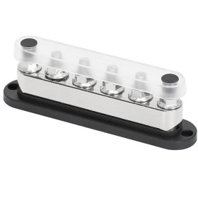 EM Busbar 6 x M10 | 600 A Busbar ENERGIE MOBILE 6 connecteur vu de côté avec couvercle sur le côté et visserie