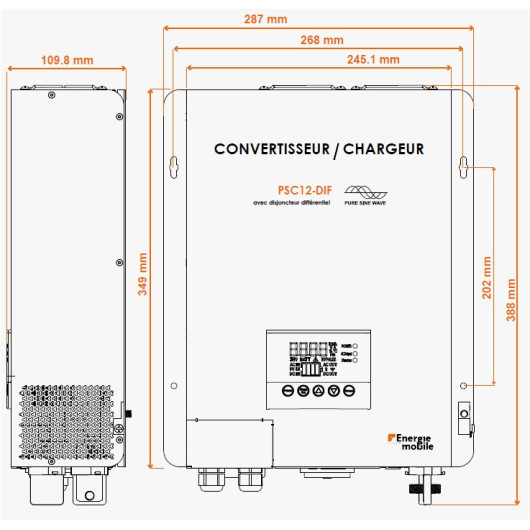 Convertisseur/Chargeur, Energie Mobile PSC12-2200DIF le 230V à bord | dimensions