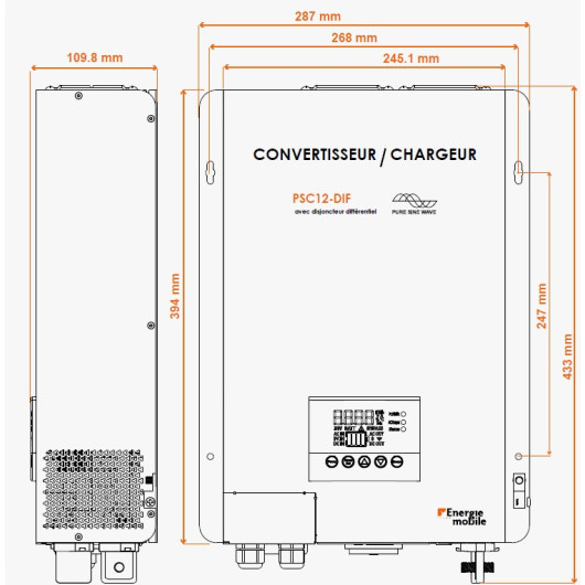 EM PSC12-4300DIF |Convertisseur combiné Chargeur 120A : vu schéma de dimensions