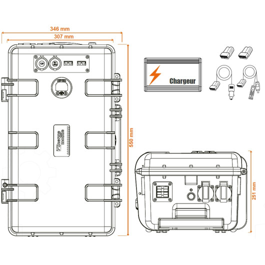 Batterie lithium portable avec sortie 230V et USB fabrication française ENERGIE MOBILE : vu schéma de dimensions