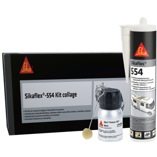 SIKA Sikaflex 554 | Kit collage avec primaire et tampon : vu lit avec emballage carton