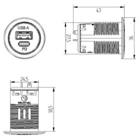 Prise encastrable sans Led ENERGIE MOBILE alim 12-24V - USB-A et USB-C VUE de face