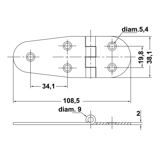 Grande charnière Trem acier inoxydable 109 x 38 mm | Charnière pour bateau & camping-car | Dimensions