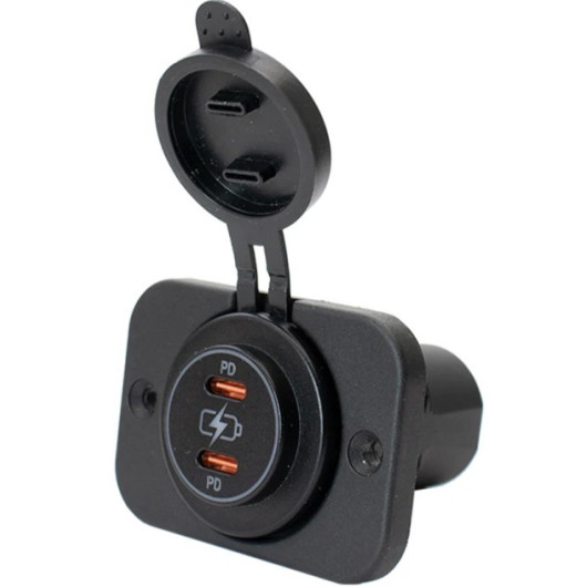 HABA Power Line Chargeur 2 x USB C | PD 60W, alimentation 12/24V, vu de côté droit et face avec cadre de montage en option