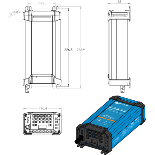 VICTRON Blue Smart IP22 24/12 | chargeur secteur pour batterie 24V : vu schéma de dimensions