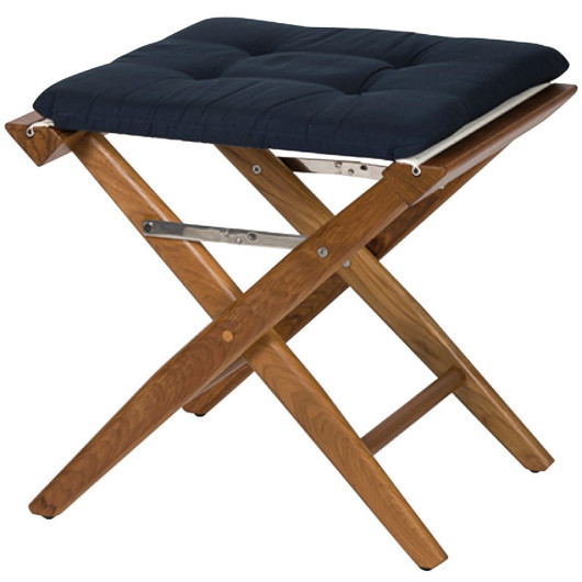 Tabouret pliant ARC MARINE en teck avec toile rembourrée bleue – siège d’appoint pour bateau, van ou camping-car