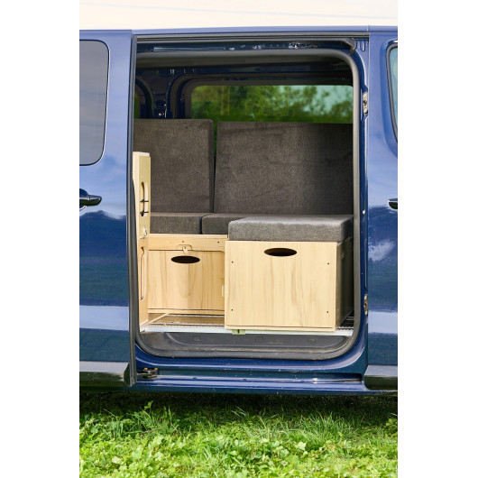Lit peigne en L pour aménagement de van aménagé Tchao tchao | Meuble en bois pour fourgon