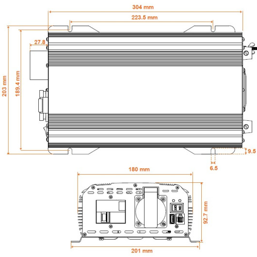 Convertisseur sinusoïdal PSW DIF-V2 1600 Va Energie Mobile | 12V DC vers 230V AC van, bateau et camping-car | dimensions