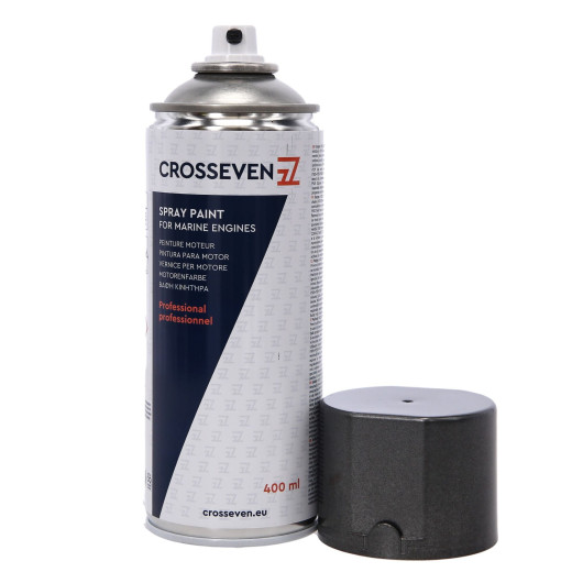 Peinture aérosol Crosseven pour moteur Mariner | Laque & peinture moteur | Gris métal | Bouchon ouvert