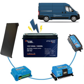 Kit installation électrique toute en 1, batterie lithium, chargeur et panneau solaire pour fourgon aménagé.
