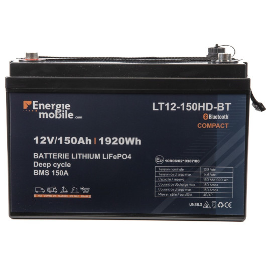 Batterie lithium pas chère haute qualité, capacité 150Ah pour bateau, camping-car et van aménagé. Vu face