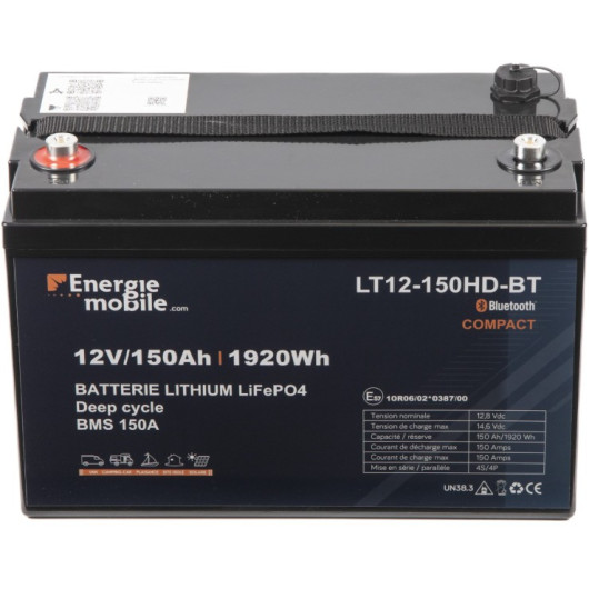 Batterie lithium 150 Ah avec sortie RJ Contrôleur de batterie pour bateau, camping-car et van aménagé. vu face plus haut