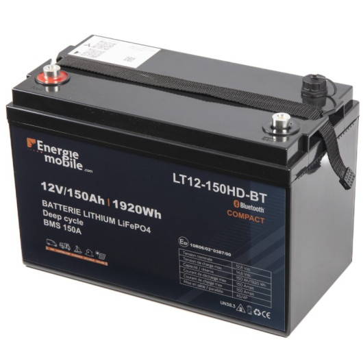 Batterie lithium 150 Ah avec sortie RJ Contrôleur, connexion smart, batterie garantie 5 ans. Vu face plus haut et côté