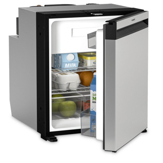 Réfrigérateur a compression DOMETIC 60S pour van aménagé, façade inox vu chargé avec aliments