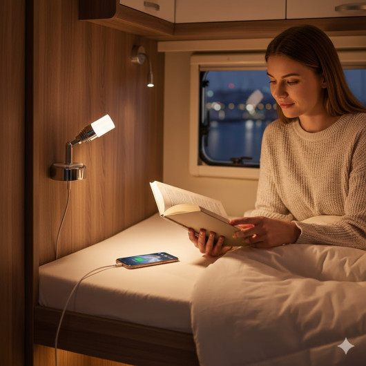 Spot LED articulé de 120 mm + USB Carbest | Applique lumineuse LED pour bateau & camping-car ou van en situation
