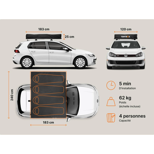 Tente de toit familiale pour 4 personnes Lite XL de TentBox | Road trip en voiture | H2R Equipements