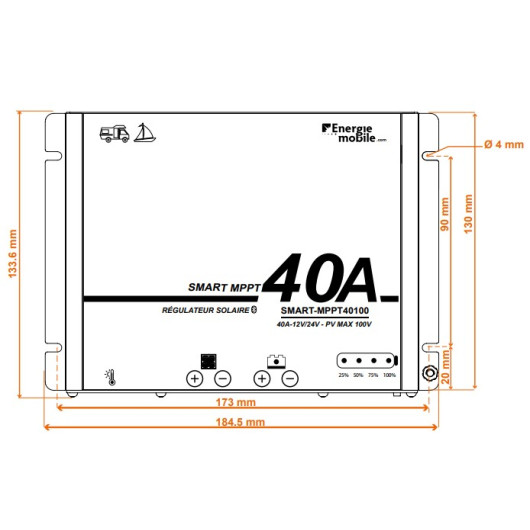 Régulateur de charge Smart-MPPT Energie Mobile 40A / 100 V : schéma dimensions