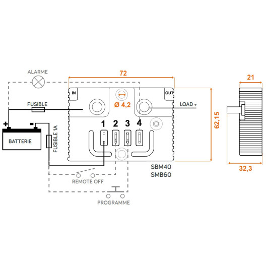 Sauvegarde batterie SBM60 Energie Mobile | Protection basse tension 12V bateau, camping-car et van aménagé | schéma de montage