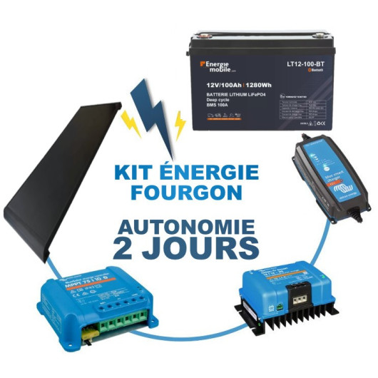 Kit panneau solaire, batterie, Chargeurs et câble pour l'installation électrique complète du fourgon aménagé.