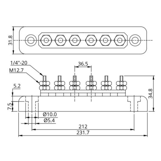 Busbar Victron Energy 150 A | 6 connexions pour systèmes électriques 12V en van, bateau ou véhicule | schéma dimensions