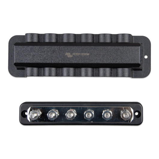 Busbar 250A - 6 connexions M8 inox Victron Energy | 12/24V en van, bateau ou camping-car | couvercle et barrette vue de haut