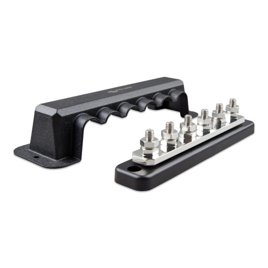 Busbar 250A - 6 connexions M8 inox Victron Energy | 12/24V en van, bateau ou camping-car | couvercle et barrette vue de profil