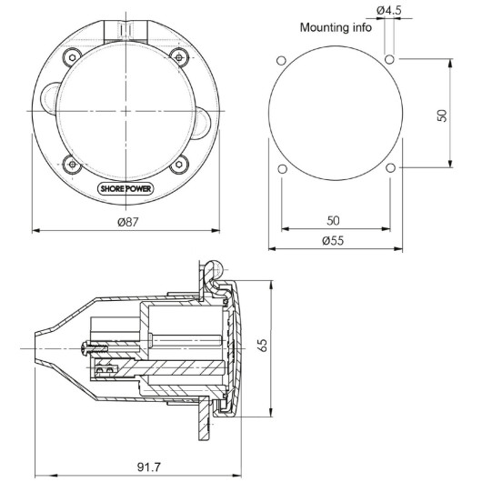 Socle de connexion AC 16A avec couvercle plastique blanc | Compatible Victron & Ratio | schéma dimensions