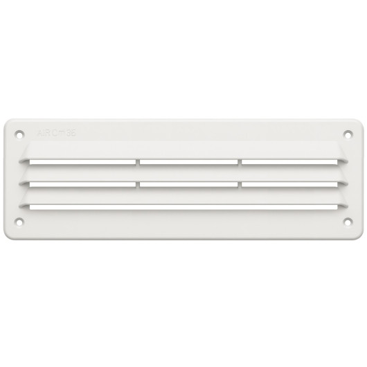 Grille de ventilation rectangulaire 35 cm² pour VASP, modèle à lamelles, 4 trous de fixation, finition blanche, vue dessus.