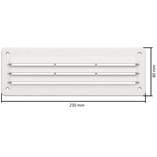 Grille de ventilation rectangulaire 35 cm² pour VASP, modèle à lamelles avec 4 trous de fixation, finition blanche, dimensions