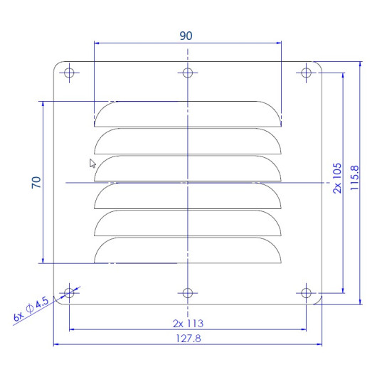 Grille d'aération permanente 50 cm² en inox, dimension 115 x 127 mm, pour bateau et van VASP. Schéma technique