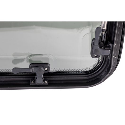 Fenêtre de van aménagé RW Fusion Curved Carbest | baie vitre pour fourgon galbée | position fermée avec loquets de verrouillage