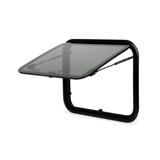 Fenêtre de van aménagé RW Fusion Curved Carbest | baie vitre pour fourgon galbée | vue de profil avec ouverture compas