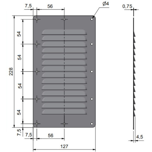 Grille aération et prise d'aire 35/25 cm² conforme VASP pour van et bateau 127 x 228 mm, schéma technique