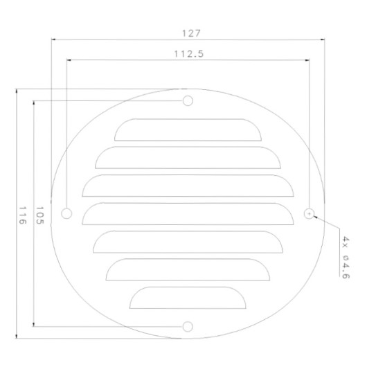 Grille d'aération VASP 15 cm² en inox et de forme ovale 116 x 127 cm en inox : schéma technique