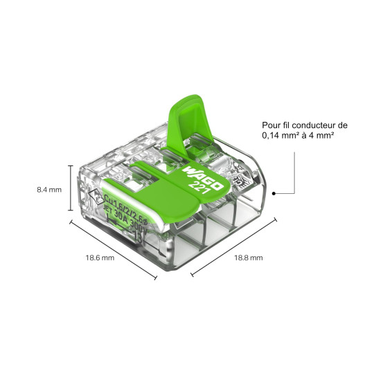WAGO 221 3 entrées | pack de 10 dimensions